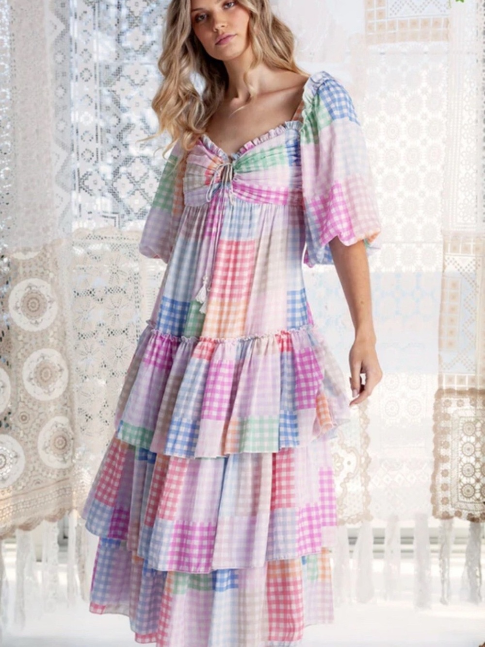Fillyboo "Aileen" Smock Dress Gingham Punch Pastel Tiered ruffle Dress coquette